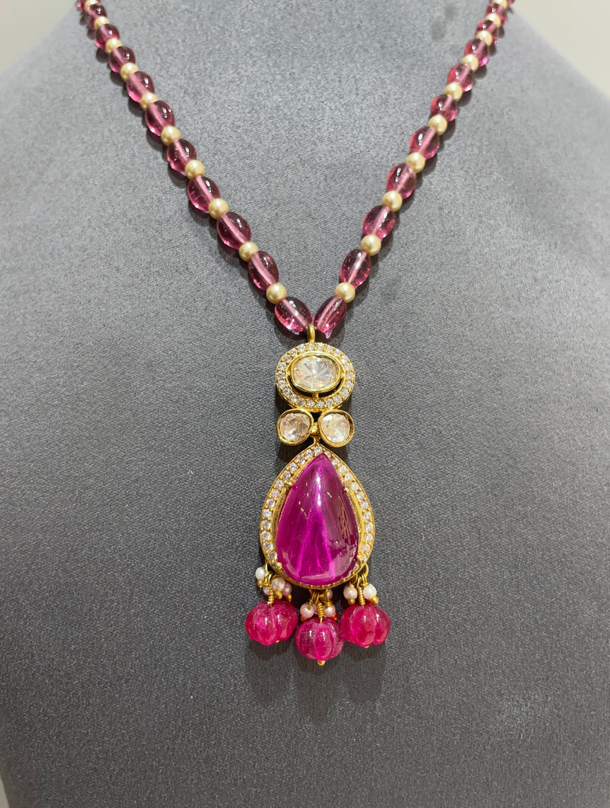 925 Silver Traditional Pink Gemstone Polki Pendant