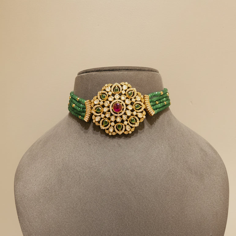 Multi-Strand Emerald Bead Polki Choker