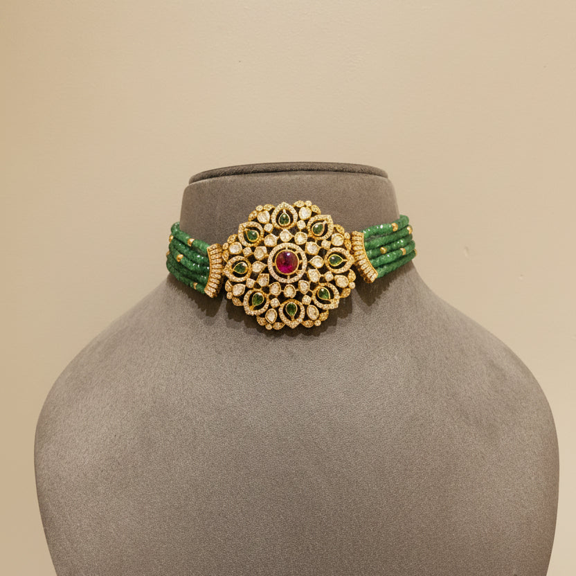 Multi-Strand Emerald Bead Polki Choker