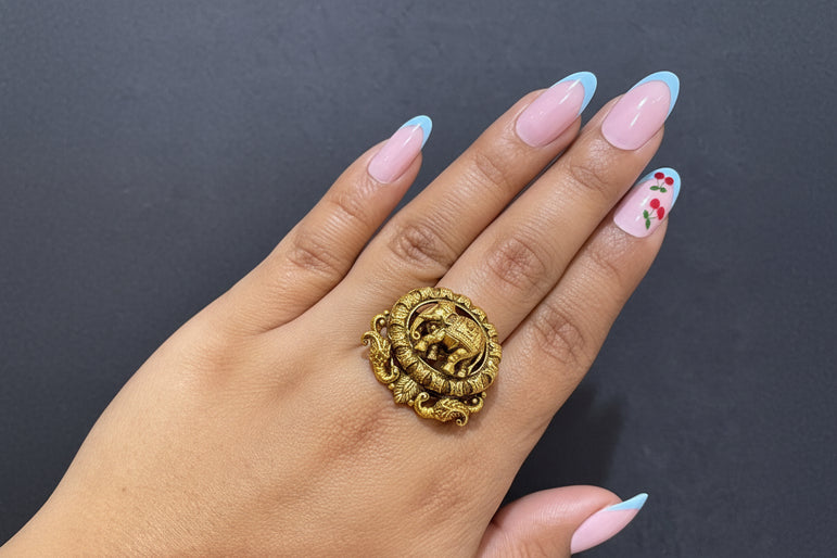 Elephant Design Antique Real Gold Look Ring