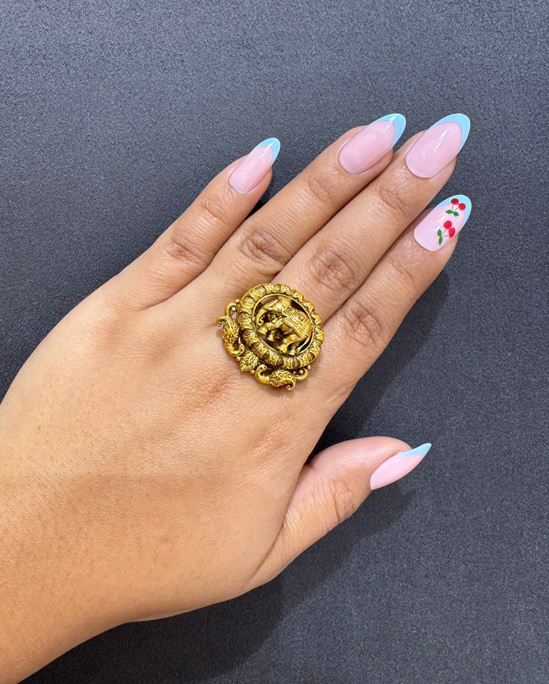 925 Silver Elephant Design Antique Real Gold Look Ring