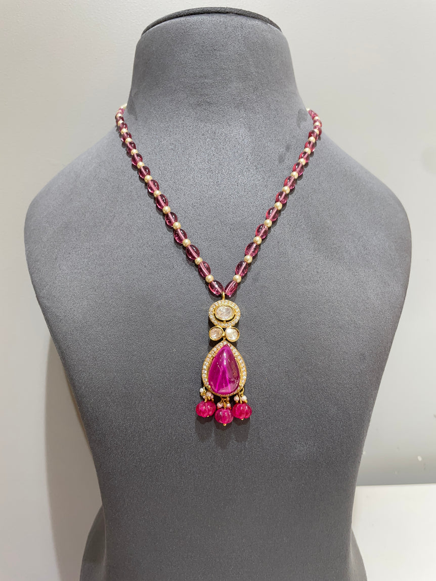 925 Silver Traditional Pink Gemstone Polki Pendant