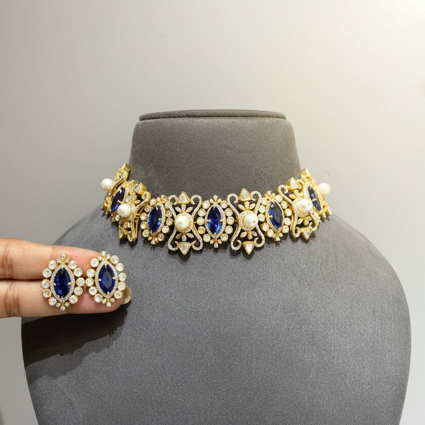 Royal Deep Blue Sapphire & Moissanite Polki Scrollwork Choker