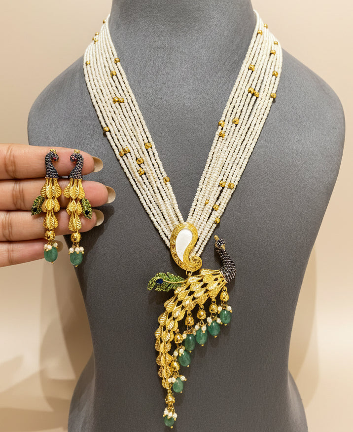 Majestic Sculpted Peacock & Multi-Strand Pearl Long Set