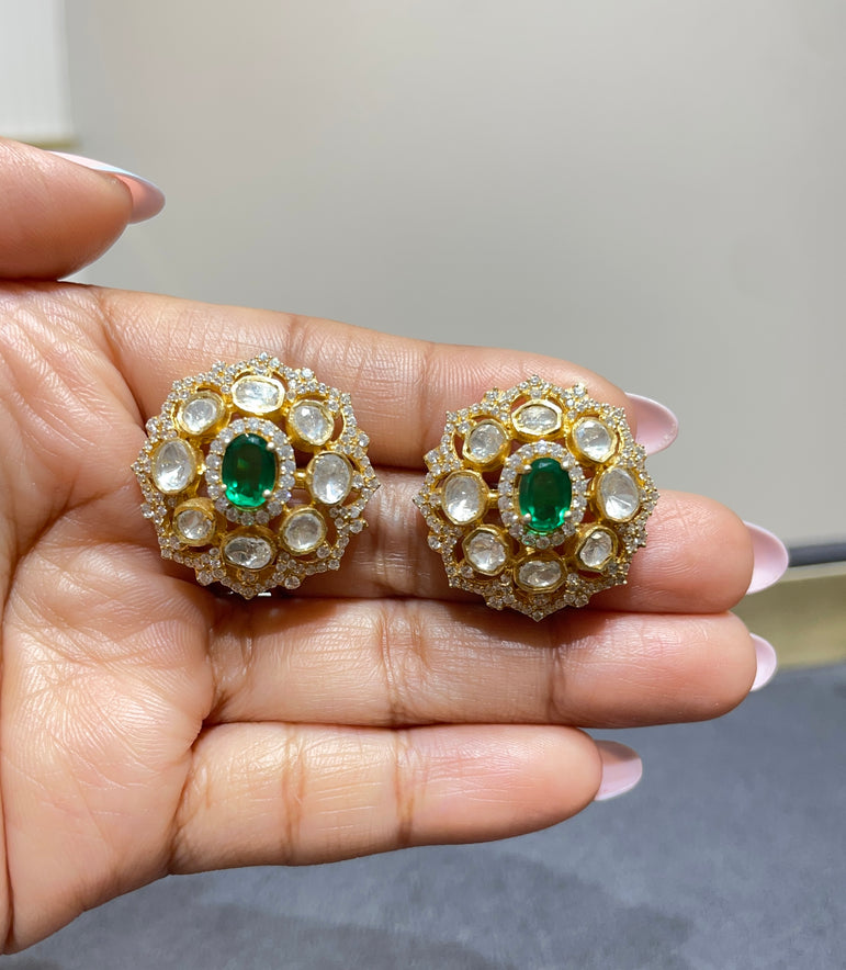 925 Silver Green Stone Polki Earrings