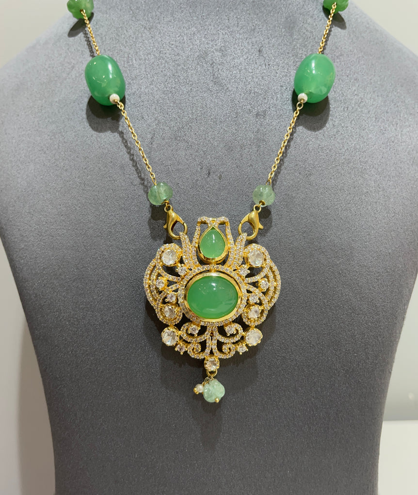 925 Silver Traditional Green Stone Polki Pendant