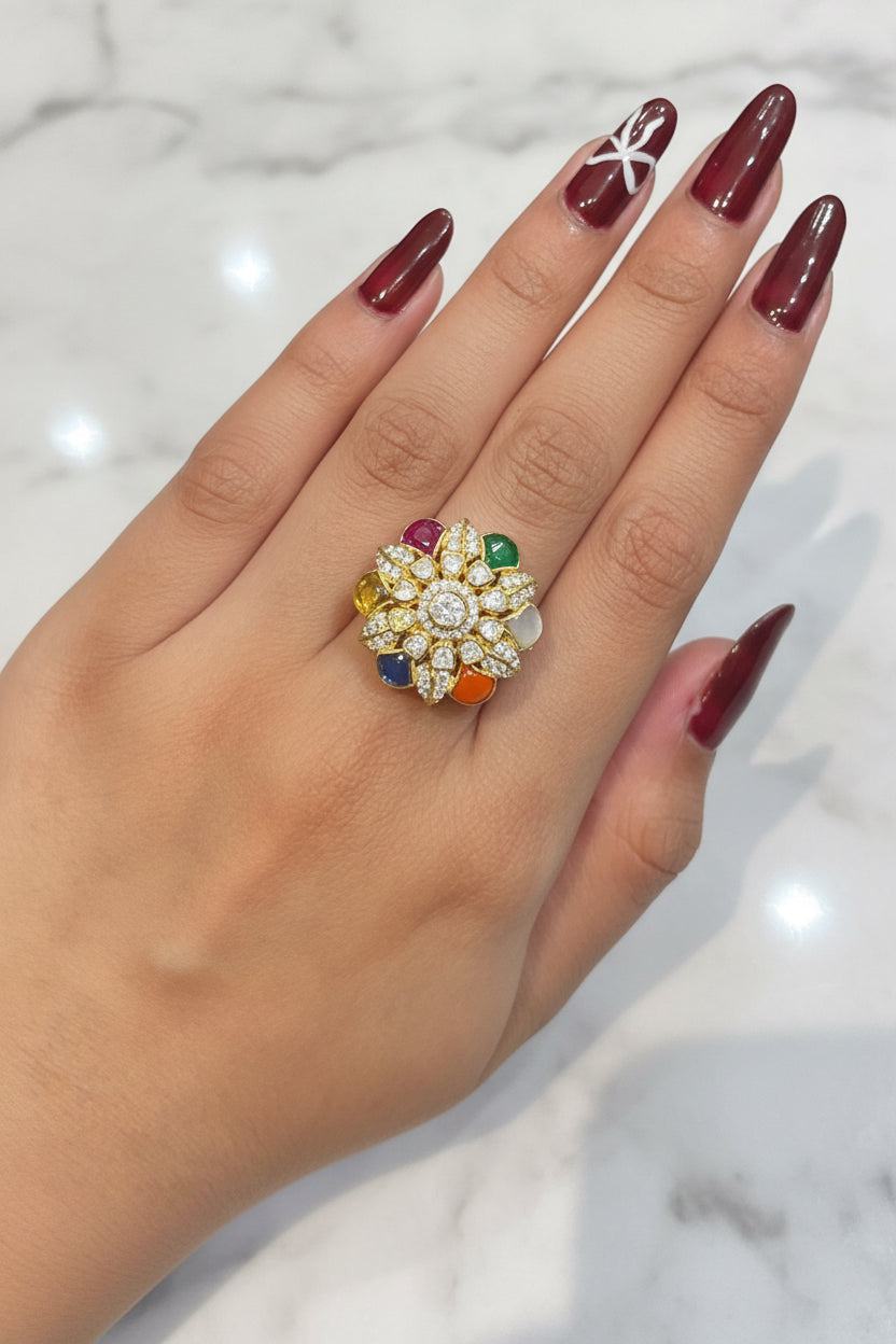 Navratna Floral Cluster Polki Ring