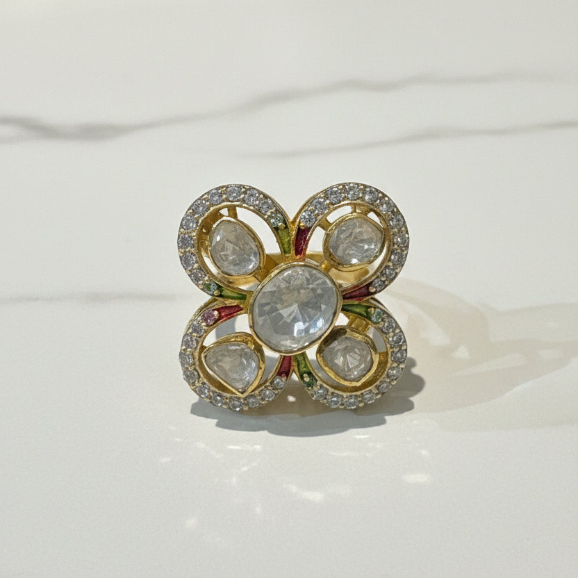 Floral Clover Moissanite Polki Ring