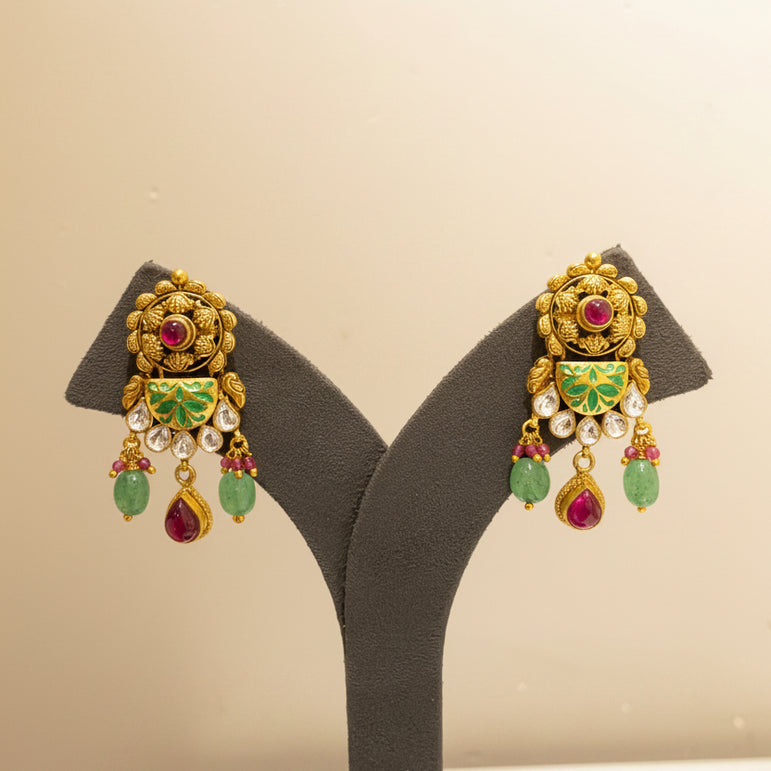 Antique Nakshi Floral Brooch & Green Meenakari Choker