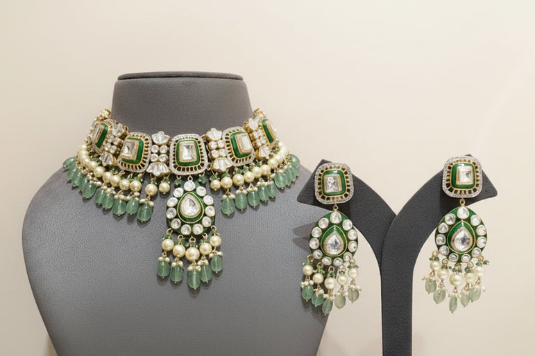 Emerald Green Meenakari & Moissanite Polki Set
