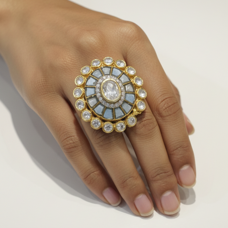 Royal Oval Polki & Midnight Blue Glass Statement Ring