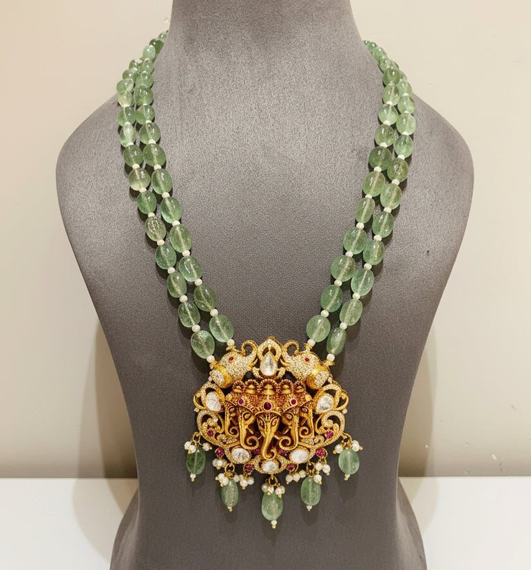 Royal Green Quartz Beaded Temple Gaja Long Set