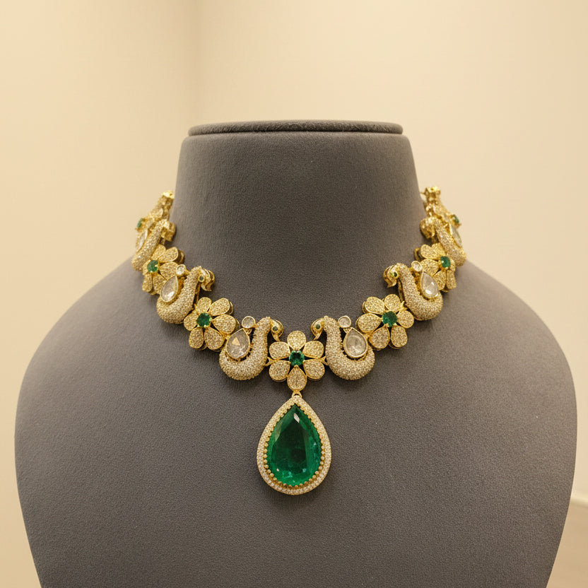 Emerald Peacock Floral Polki Necklace Set