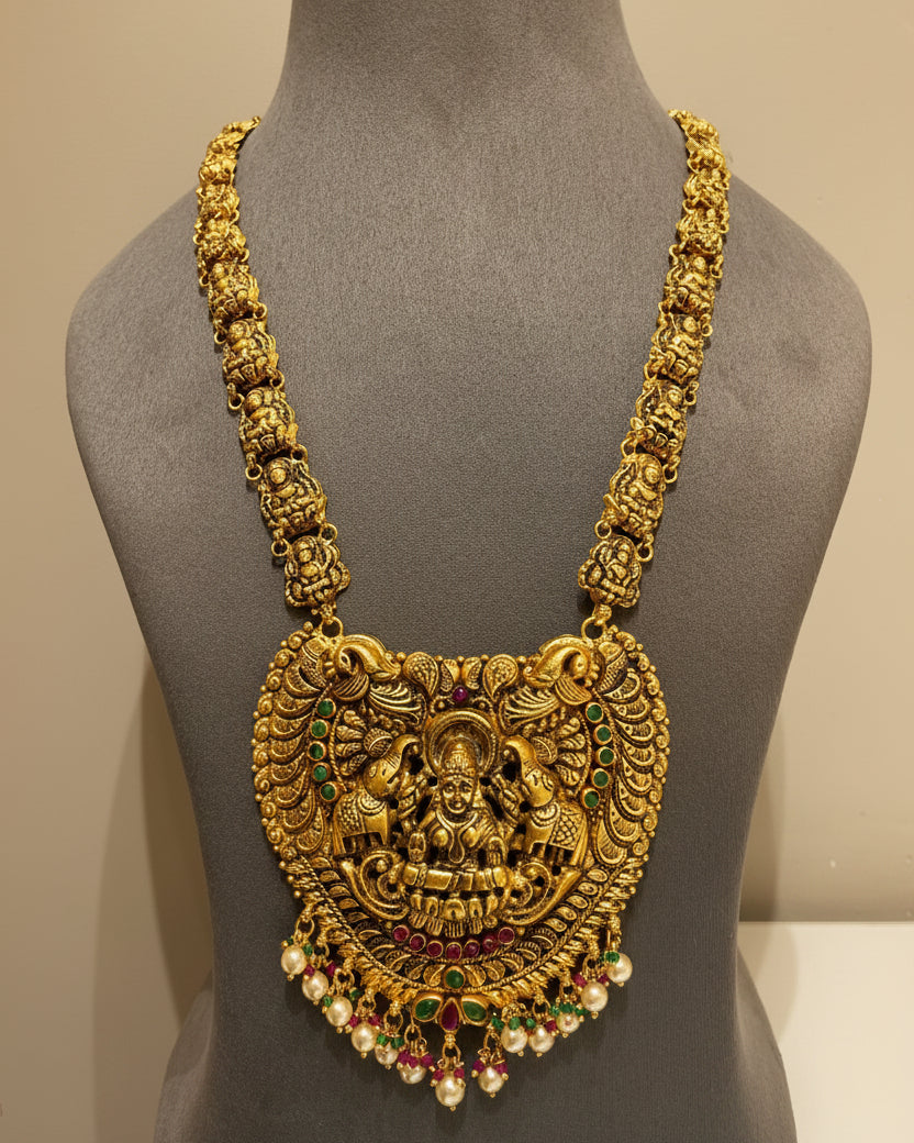 Gaja-Laxmi Temple Gold Shield Long Haram Set