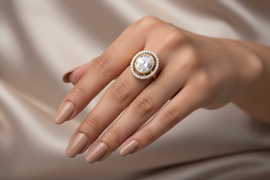 Pave Halo Round Moissanite Polki Ring