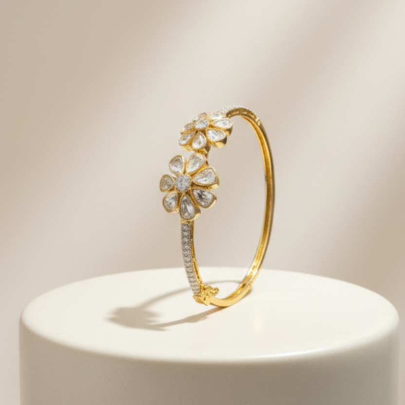 Dual Floral Moissanite Polki Bypass Openable Bracelet