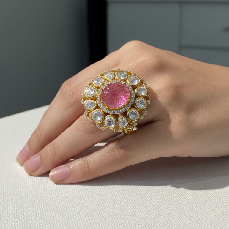 Pink Oval Moissanite Polki Statement Ring