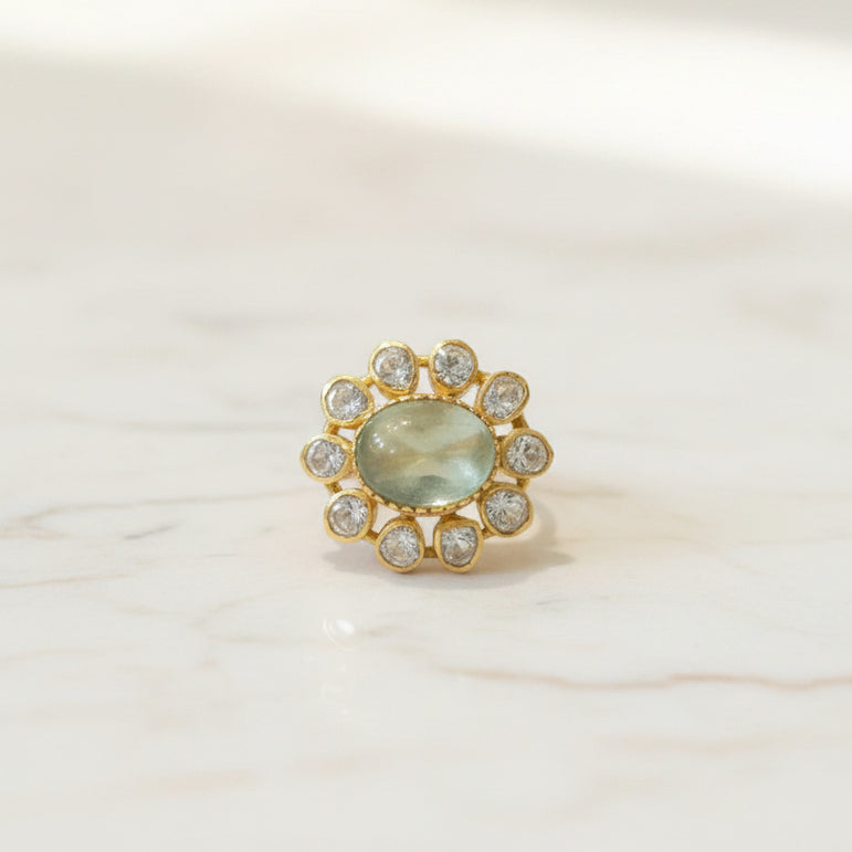Aqua Oval Gemstone Moissanite Polki Ring