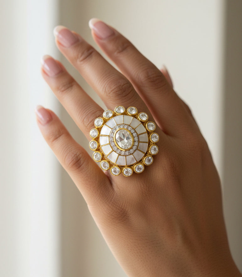 Mother of Pearl Oval Moissanite Polki Ring