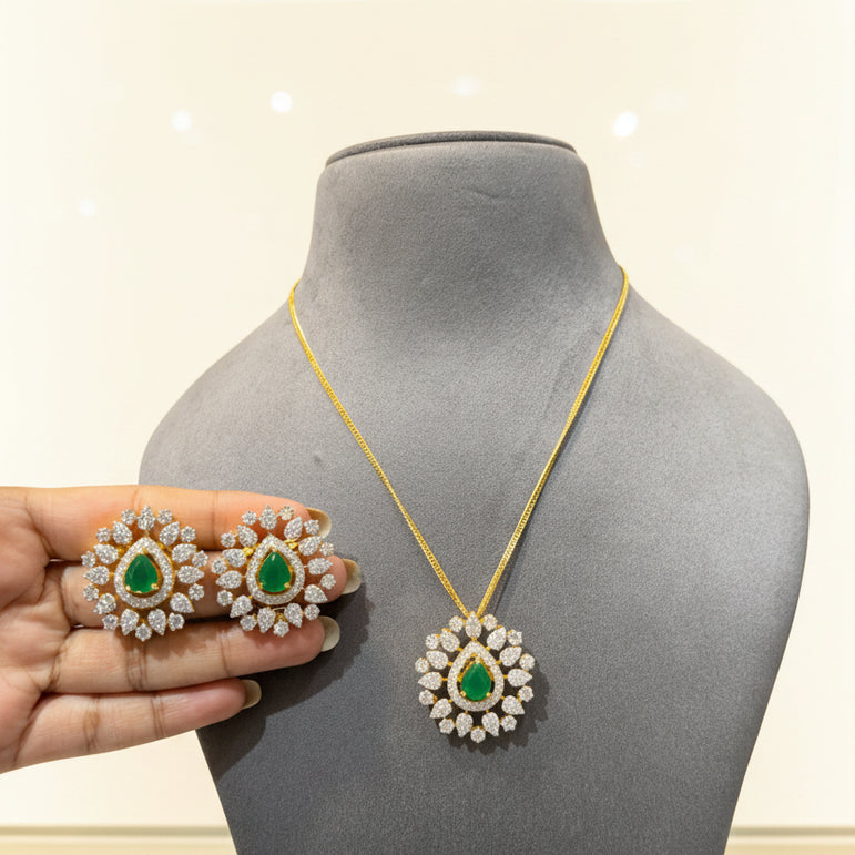 Interchangeable Gemstone Teardrop Sunburst Diamond Look Pendant Set