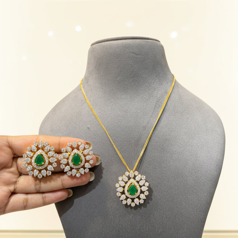 Interchangeable Gemstone Teardrop Sunburst Diamond Look Pendant Set