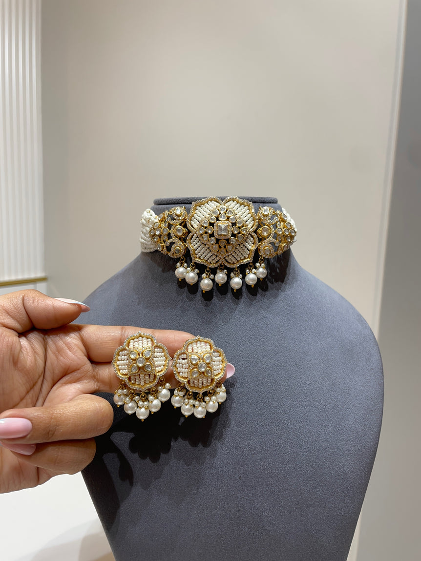 925 Silver Ivory Pearl Petal Polki Choker Set