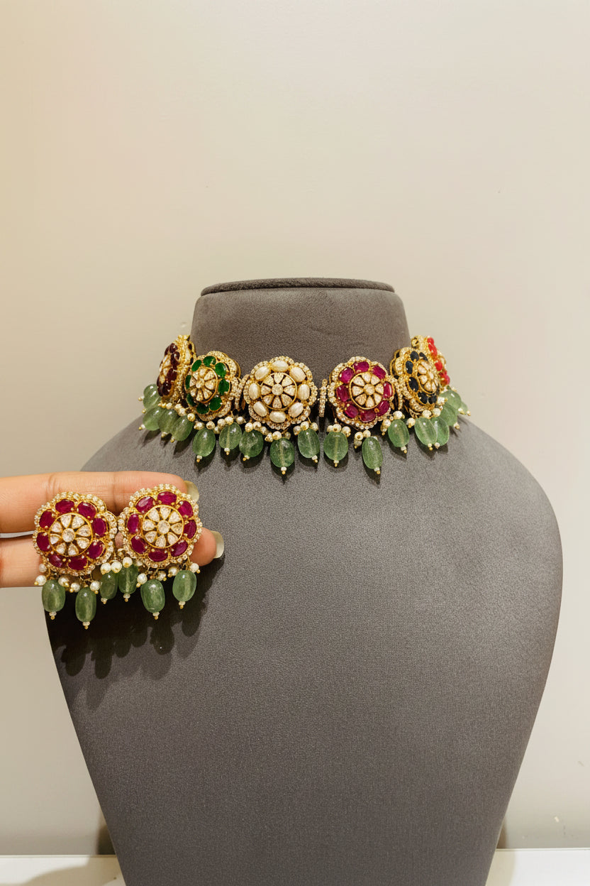 Royal Multi-Color Gemstone Medallion Moissanite Polki Choker