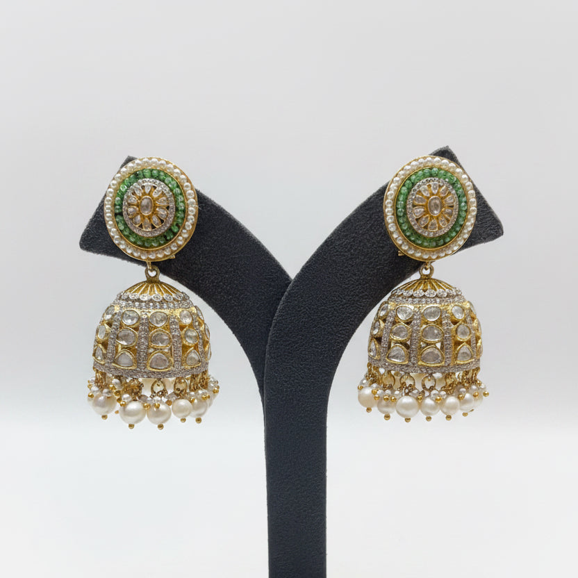 Green Halo Stud & Pavé Grid Polki Jhumki Earrings