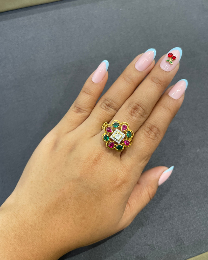 925 Silver Floral Polki Ring