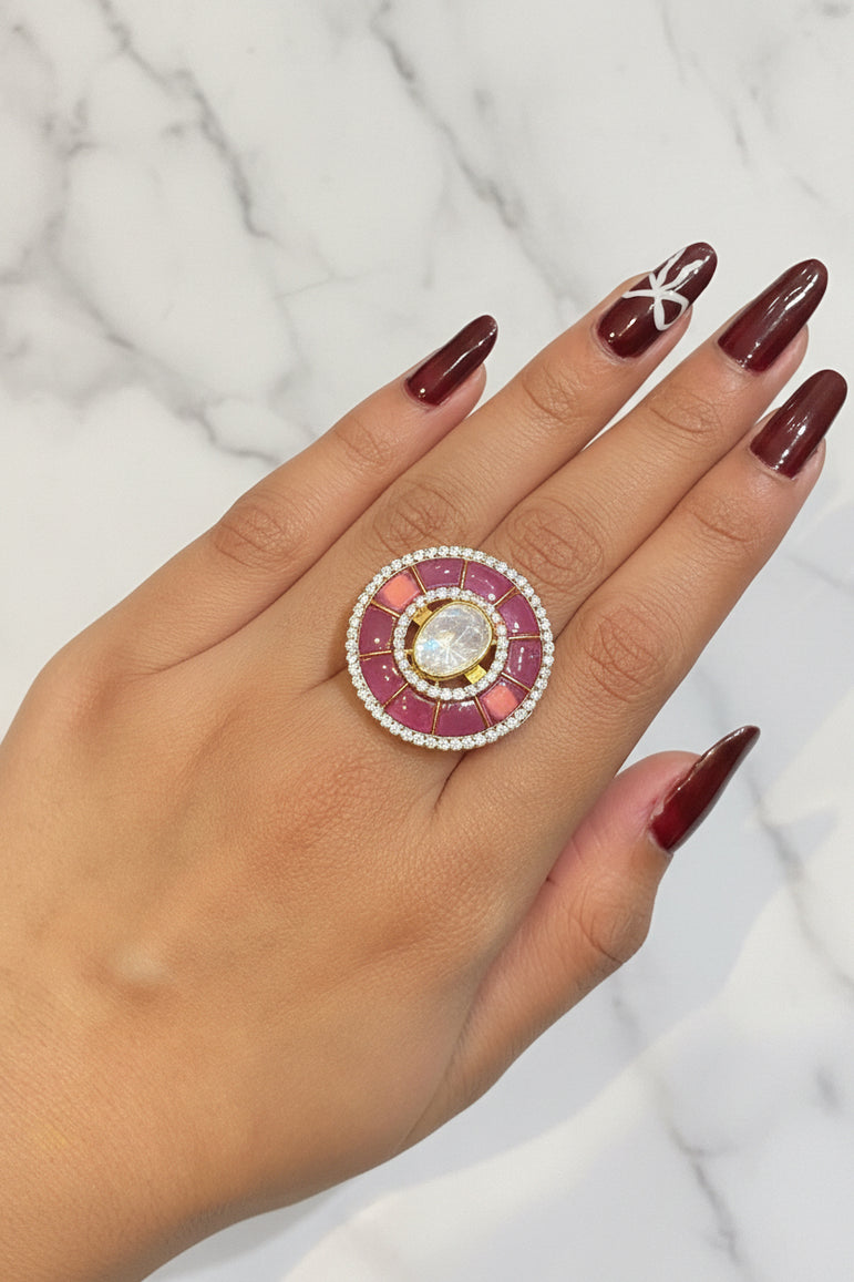 Circular Pink Stone and Crystal Statement Polki Ring