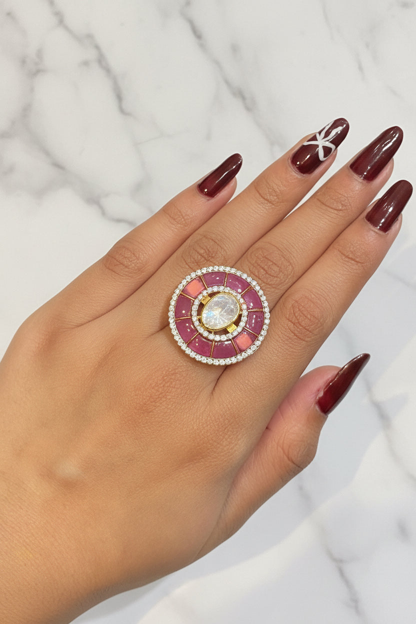 Circular Pink Stone and Crystal Statement Polki Ring