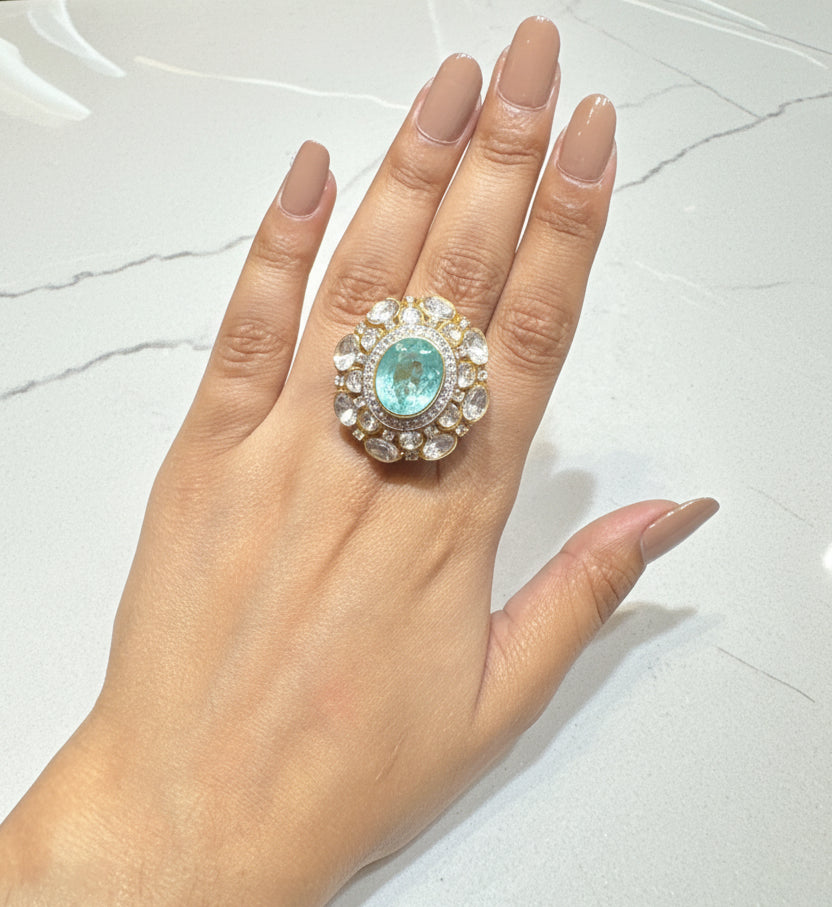Royal Seafoam Green Gemstone & Dual-Halo Polki Solar Cocktail Ring