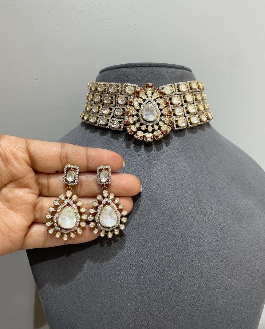 925 Silver Ivory Crystal Polki Choker