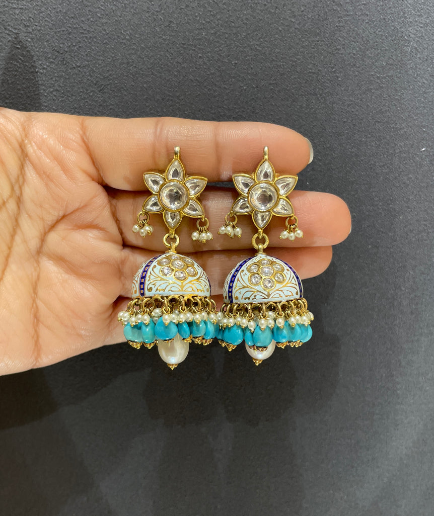 925 Silver Tarquoise Enamel Polki Jhumka Earrings