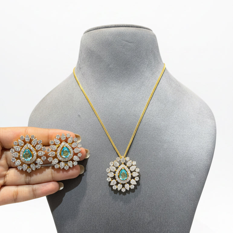 Interchangeable Gemstone Teardrop Sunburst Diamond Look Pendant Set