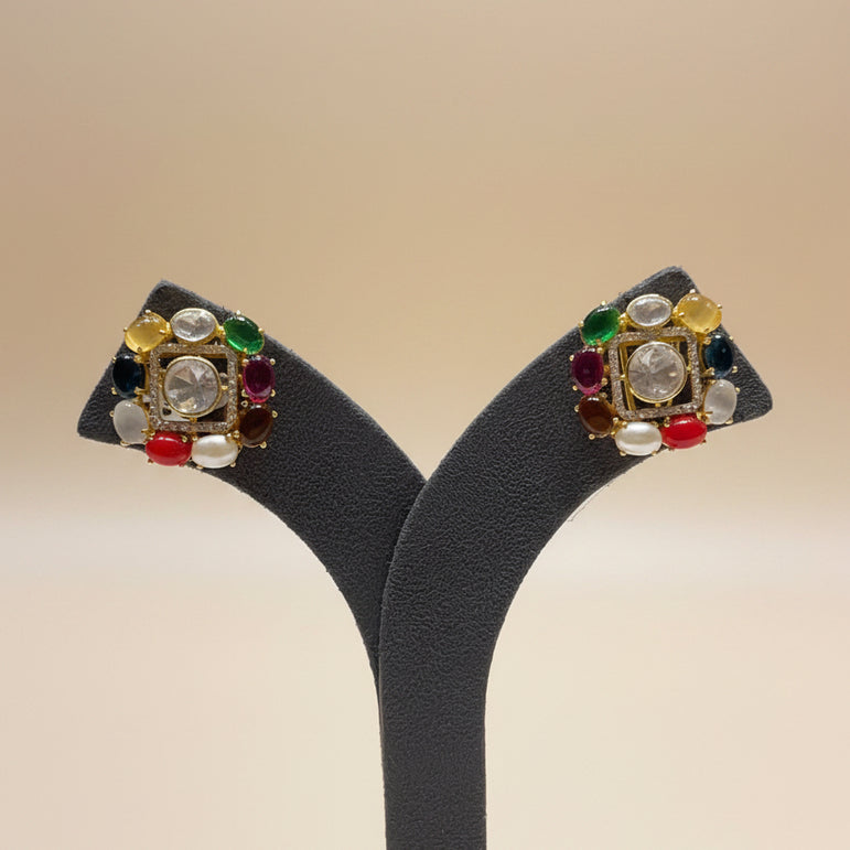 Navratna Square Moissanite Polki Statement Stud Earrings