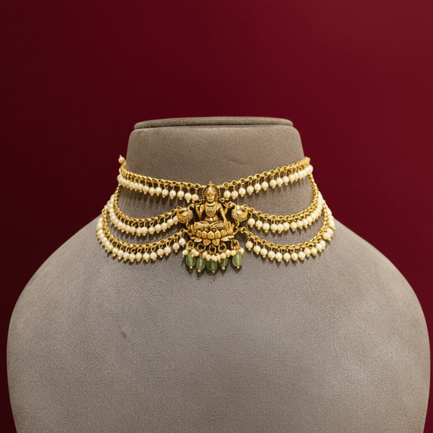 Divine Lakshmi Nakshi Centerpiece & Multi-Tier Pearl Strand Gold Look Choker
