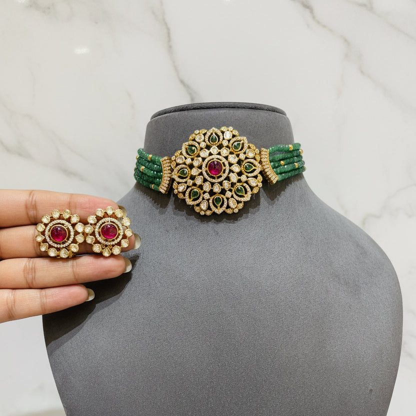 Multi-Strand Emerald Bead Polki Choker