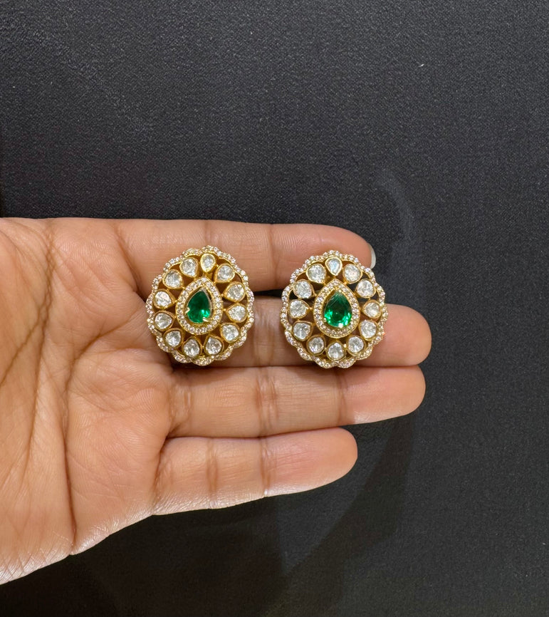 925 Silver Green Stone Polki Earrings