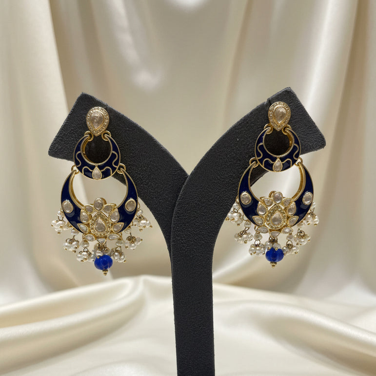 Royal Blue Enamel Double Crescent Chandbali Earrings