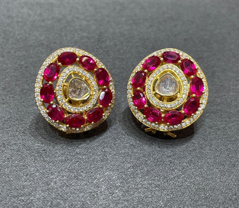 925 Silver Elegant Ruby & Polki Earrings