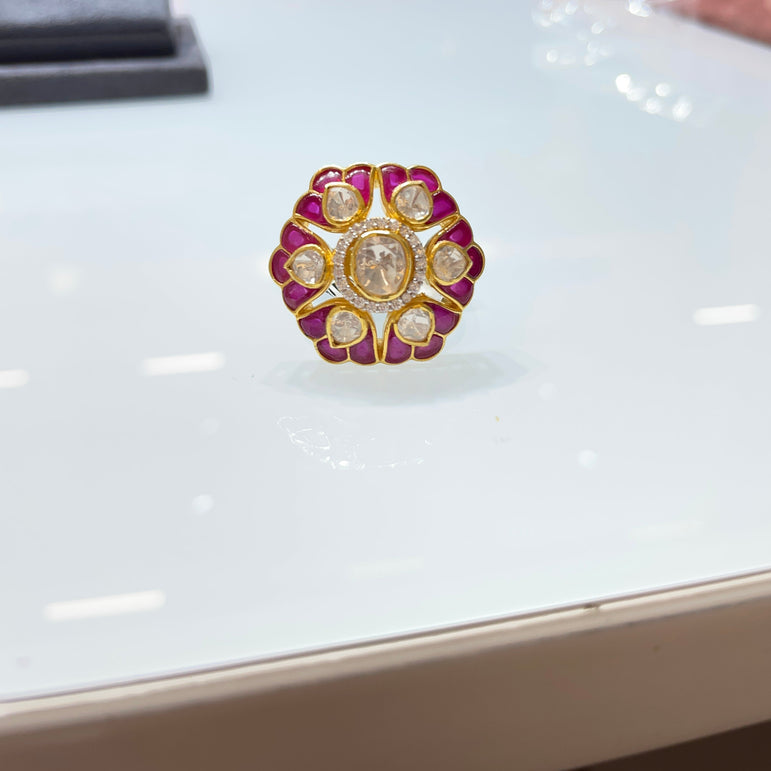 Pink Petal Moissanite Polki Statement Ring