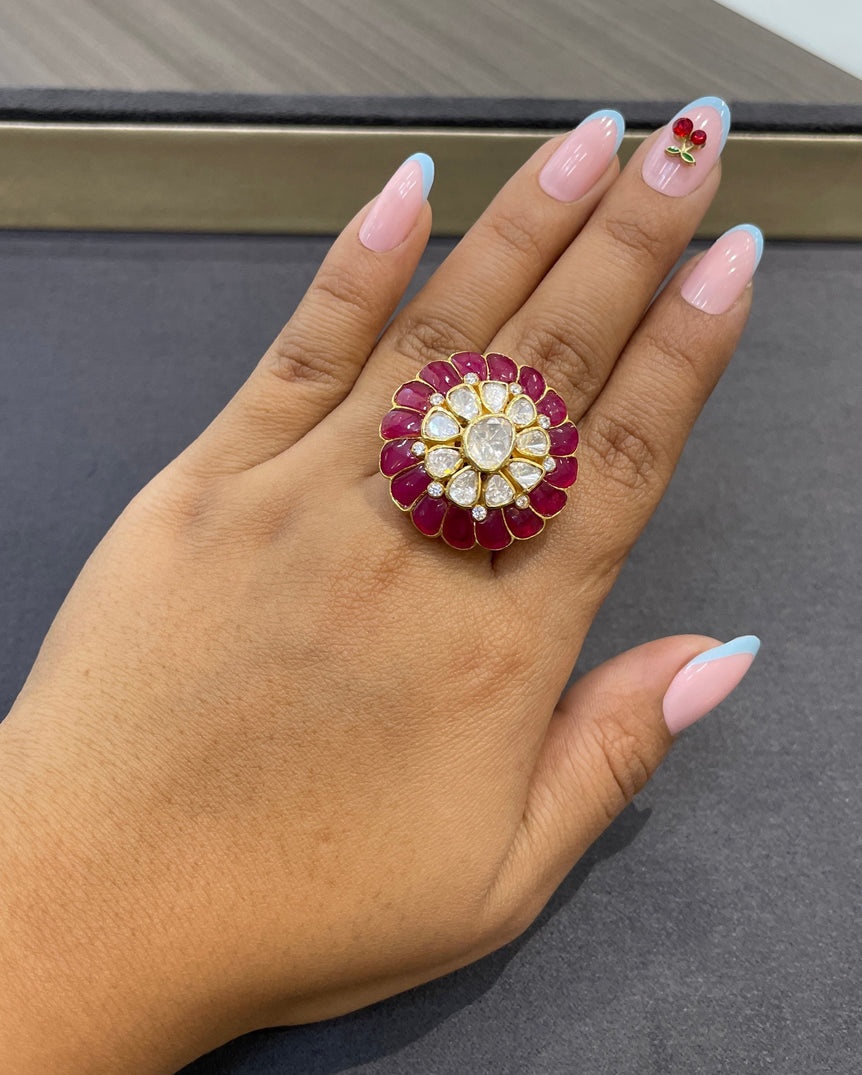925 Silver Pink Flower Polki Ring