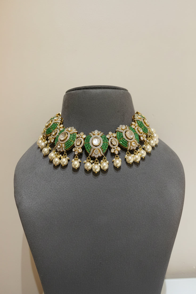 Emerald Beaded Medallion Moissanite Polki Choker