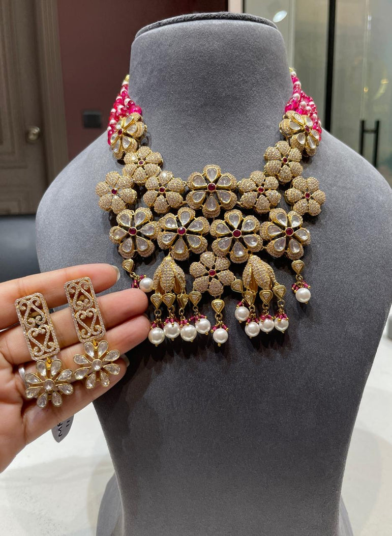 Imperial Floral Cluster Moissanite Polki Necklace