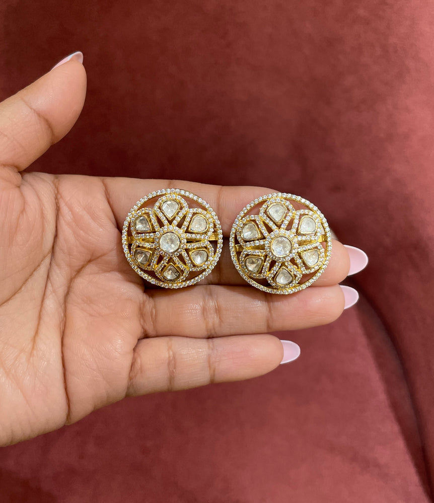 925 Silver Ethnic Floral With Outer Polki Earrings