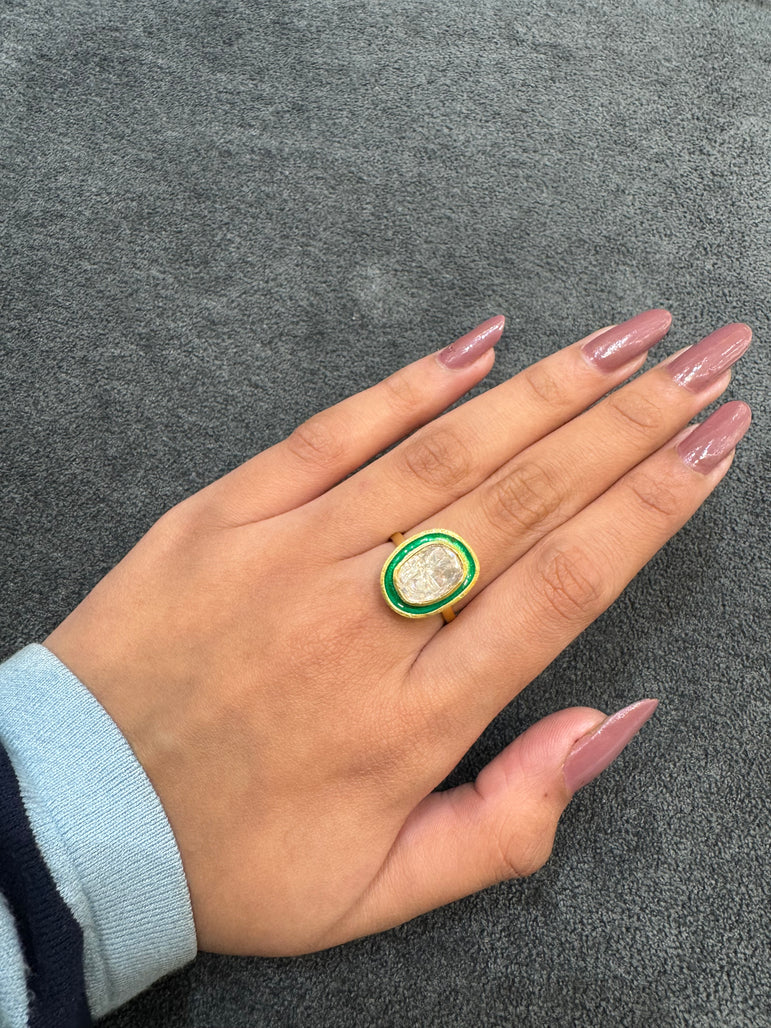 Minimalist Oval Polki Meenakari Ring