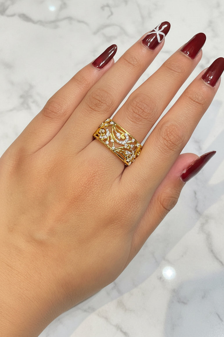 Contemporary Gold Filigree Moissanite Diamond Band Ring