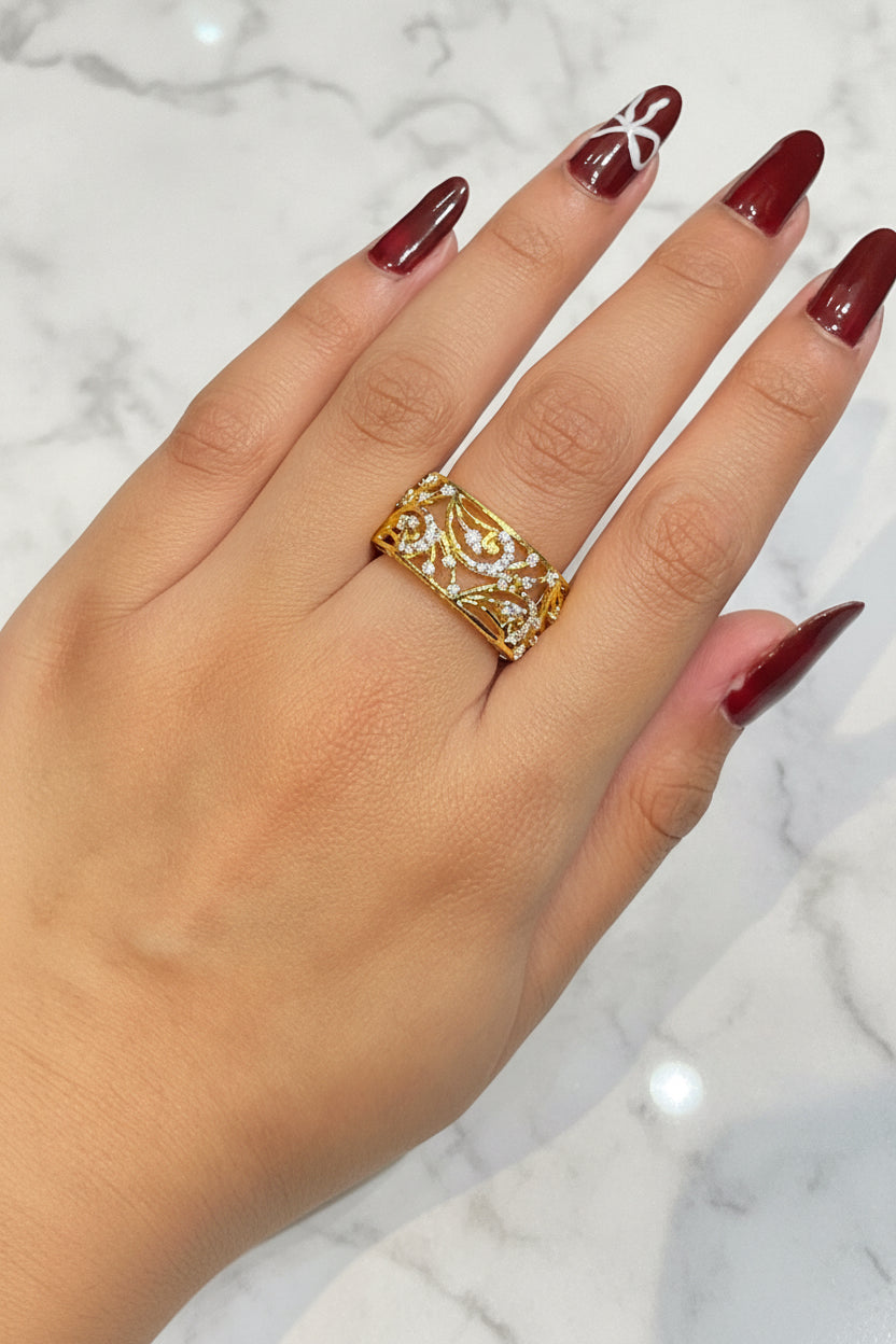 Contemporary Gold Filigree Moissanite Diamond Band Ring