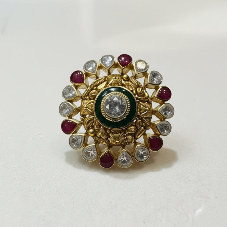 Green Enamel & Ruby Cabochon Moissanite Polki Statement Ring